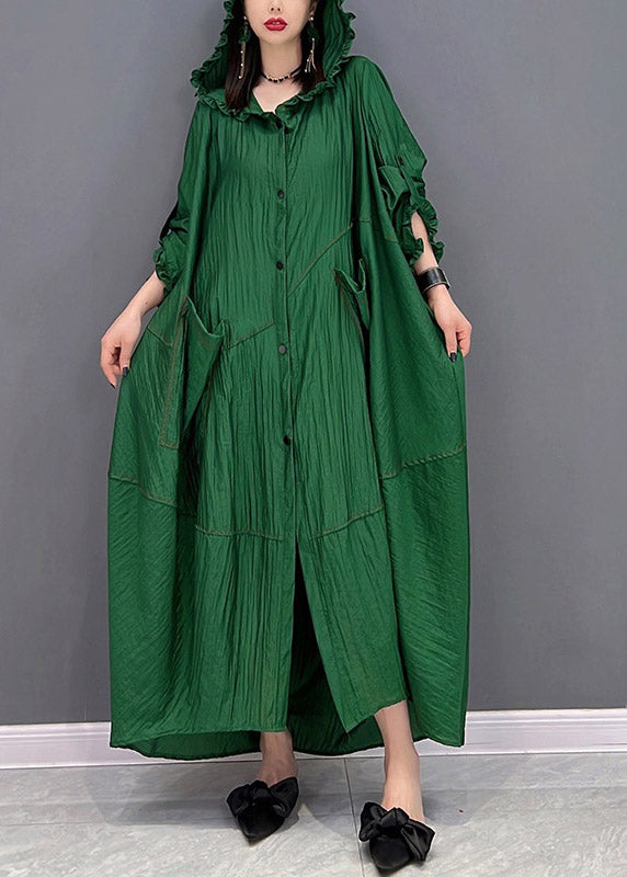 Green Ruffled Button Low High Design Dress Long Sleeve