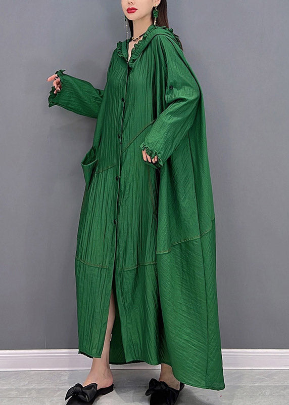 Green Ruffled Button Low High Design Dress Long Sleeve