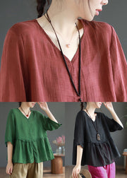 Green Side Open Patchwork Linen Top V Neck Half Sleeve