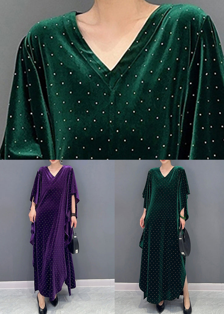 Green Side Open Patchwork Velour Long Dress V Neck Batwing Sleeve