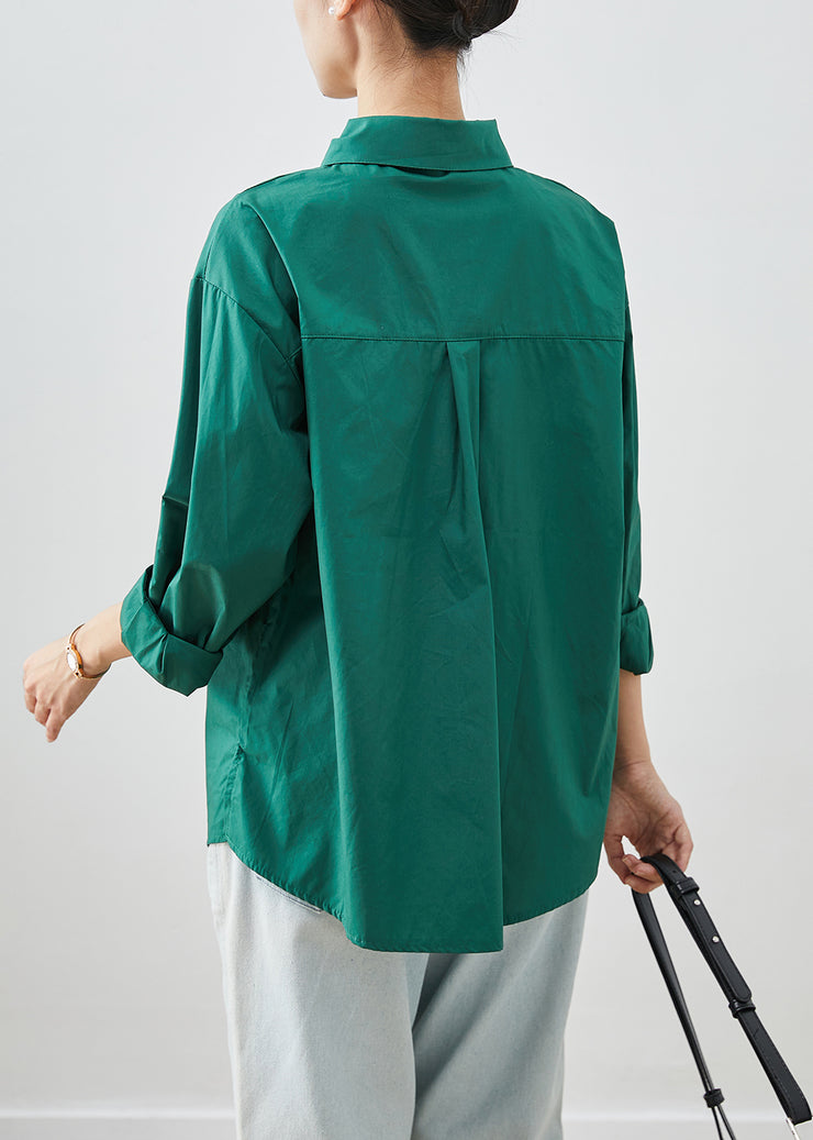 Green Silm Fitn Cotton Shirt Tops Peter Pan Collar Fall