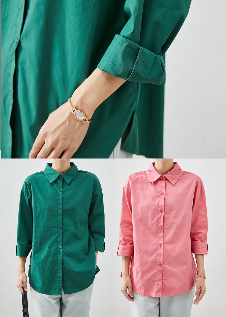 Green Silm Fitn Cotton Shirt Tops Peter Pan Collar Fall