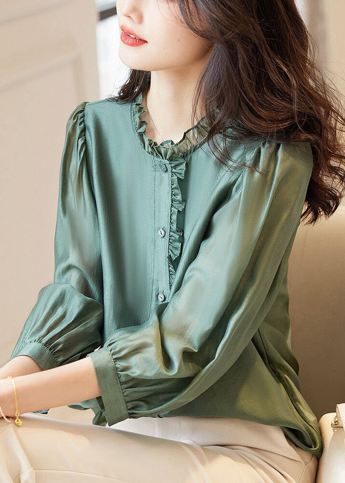 Green Solid Button Chiffon Blouses Ruffled Spring