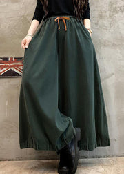 Green Solid Pockets Cotton Wide Leg Pants High Waist