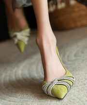 Green Stiletto Suede Chic Splicing Pointed Toe Zircon