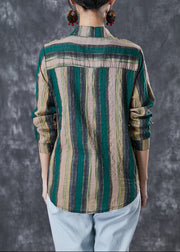 Green Striped Linen Shirt Tops Peter Pan Collar Fall