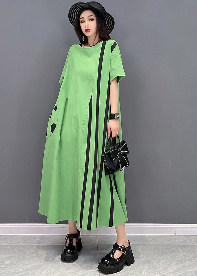 Green Striped Patchwork Cotton Vacation Dresses O-Neck Oversized Short Sleeve