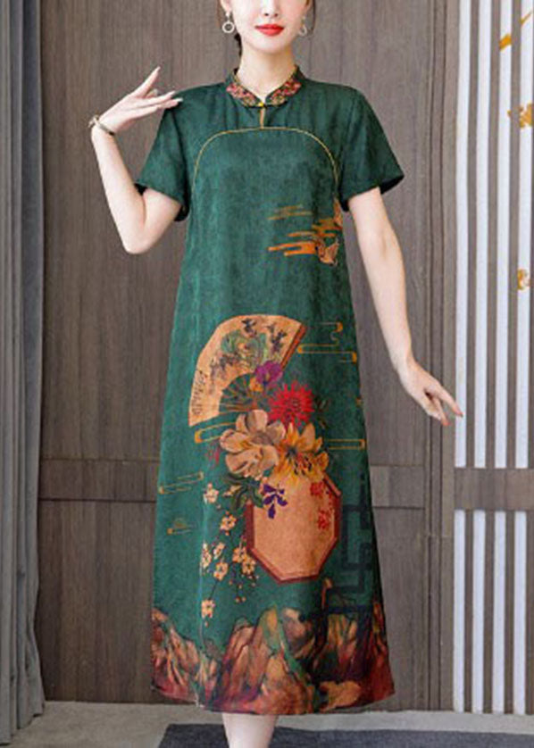 Grün 2022 Seide Cheongsam Kleid Stehkragen Seite offen Kurzarm