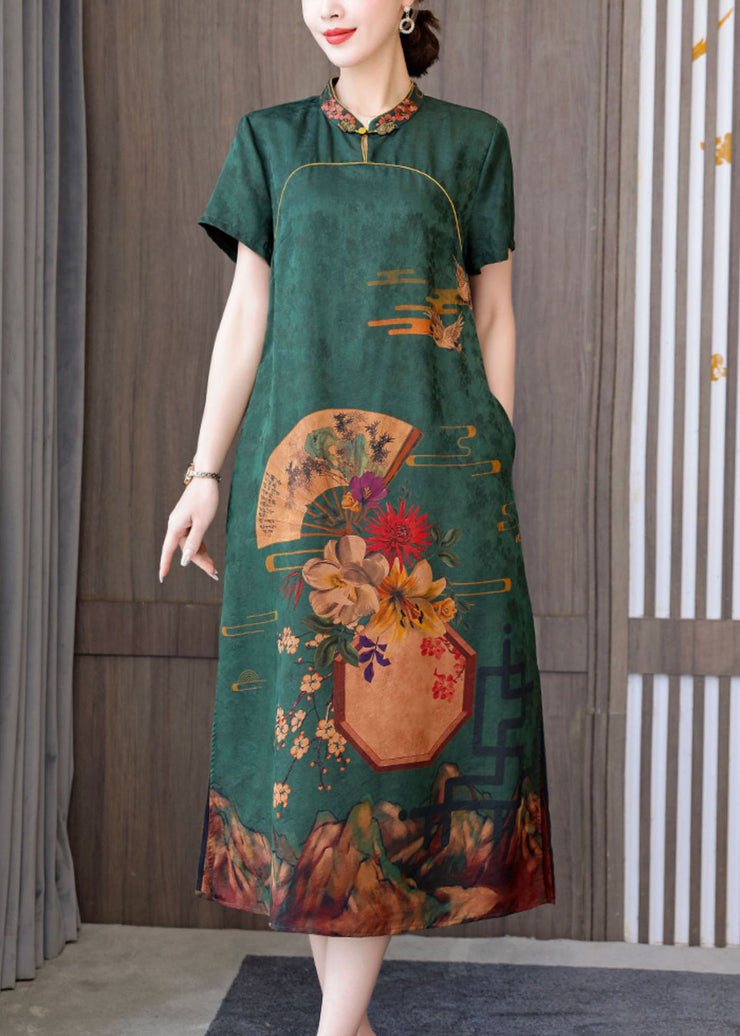 Green 2024 Silk Cheongsam Dress Stand Collar Side Open Short Sleeve