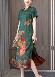 Green 2024 Silk Cheongsam Dress Stand Collar Side Open Short Sleeve