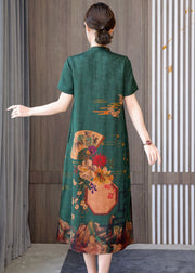 Grün 2022 Seide Cheongsam Kleid Stehkragen Seite offen Kurzarm