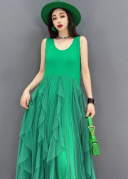 Green Tulle Patchwork Cotton Fitted Dresses O-Neck Sleeveless