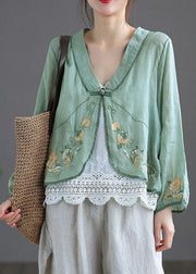 Green V Neck Embroideried Summer Ramie Cardigan Long Sleeve - bagstylebliss