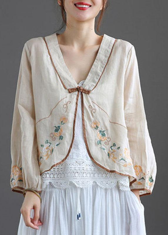 Green V Neck Embroideried Summer Ramie Cardigan Long Sleeve - bagstylebliss