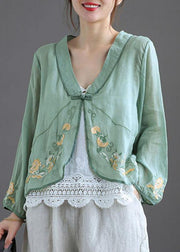 Green V Neck Embroideried Summer Ramie Cardigan Long Sleeve - bagstylebliss