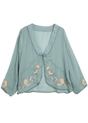 Green V Neck Embroideried Summer Ramie Cardigan Long Sleeve - bagstylebliss