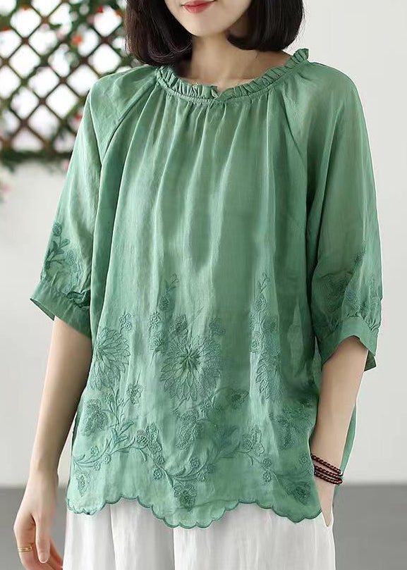 Green Versatile Linen T Shirts Ruffled Embroideried Half Sleeve