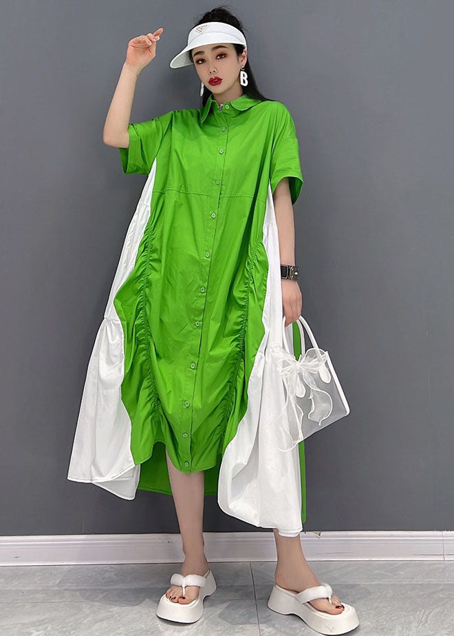 Green White Patchwork Cotton Loose Dresses Cinched Short Sleeve