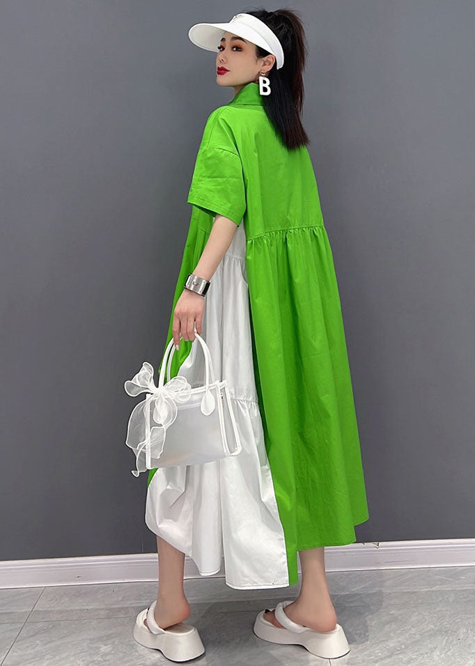 Green White Patchwork Cotton Loose Dresses Cinched Short Sleeve