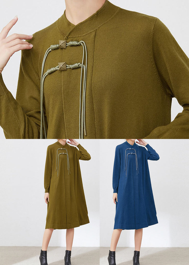 Green Wool Knit Long Dresses Stand Collar Tassel Long Sleeve