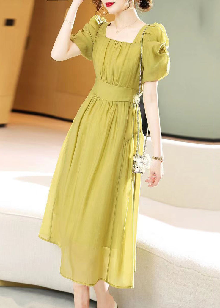 Green Wrinkled Patchwork Chiffon Dress Square Collar Summer