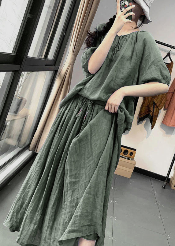 Green Wrinkled Pockets Cotton Two Pieces Set Solid Half Sleeve