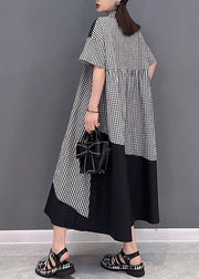 Grey Dot Print Patchwork Long Dress Loose wrinkled Short Sleeve