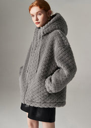 Grey Drawstring Faux Fur Hooded Coat Winter