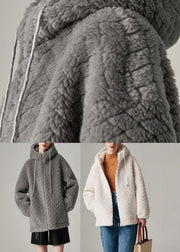 Grey Drawstring Faux Fur Hooded Coat Winter