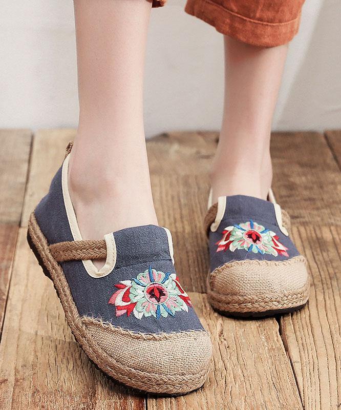 Grey Embroideried Flats Cotton Linen Fabric Boutique  Flat Feet Shoes - bagstylebliss