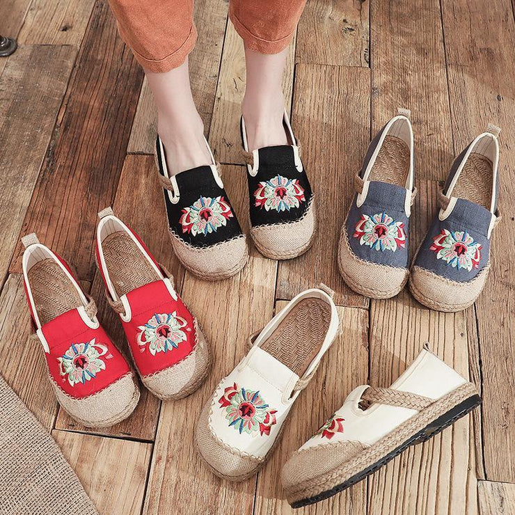 Grey Embroideried Flats Cotton Linen Fabric Boutique  Flat Feet Shoes - bagstylebliss