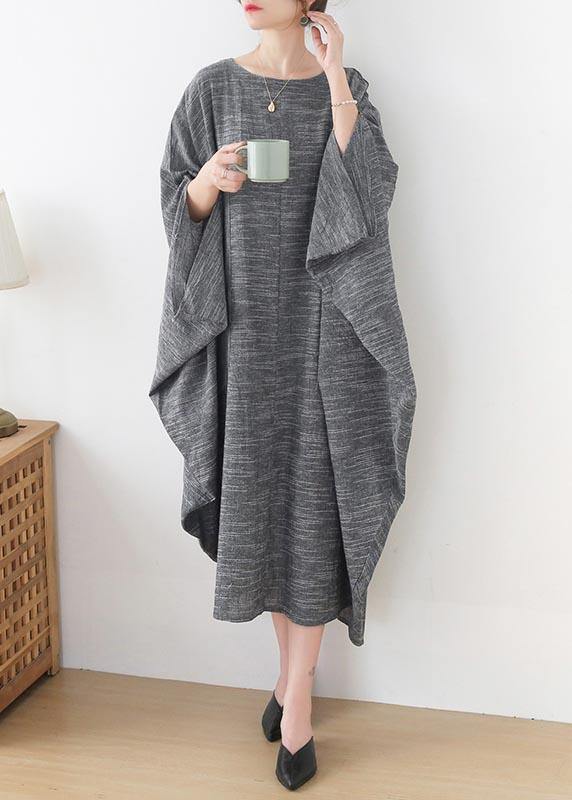 Grey O-Neck Bat Sleeve Large Spring Summer Cotton Dress - bagstylebliss