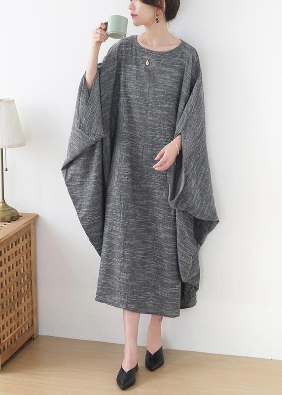 Grey O-Neck Bat Sleeve Large Spring Summer Cotton Dress - bagstylebliss