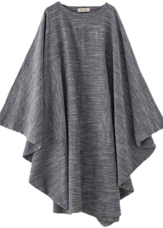 Grey O-Neck Bat Sleeve Large Spring Summer Cotton Dress - bagstylebliss