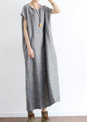 Grey O Neck Summer Cotton Hemp Dress - bagstylebliss