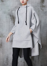 Grey Oversized Cotton Sweatshirts Dress Hooded Batwing Sleeve