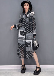 Grey Patchwork Chiffon Vacation Dress Low High Design Pockets Long Sleeve