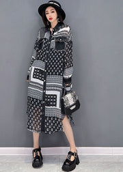 Grey Patchwork Chiffon Vacation Dress Low High Design Pockets Long Sleeve