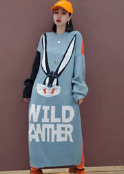 Grey Patchwork Graphic Knit Long Sweater Spring