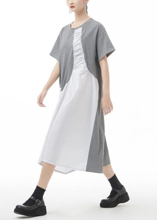 Grey Patchwork Holiday Dress Oversized Short Sleeve