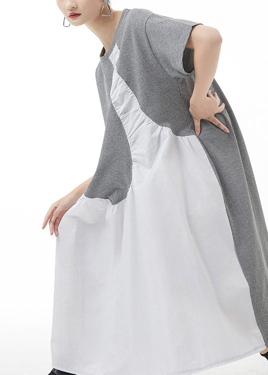 Grey Patchwork Holiday Dress Oversized Short Sleeve