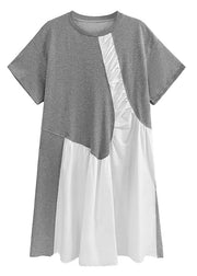 Grey Patchwork Holiday Dress Oversized Short Sleeve