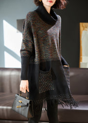 Grey Patchwork Knit Holiday Dress Turtle Neck Tasseled Spring