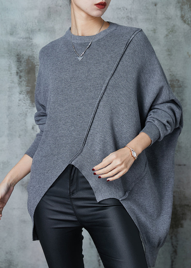 Grey Patchwork Knit Sweater Asymmetrical Design Spring