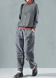 Grey Patchwork Linen Pants Trousers Winter