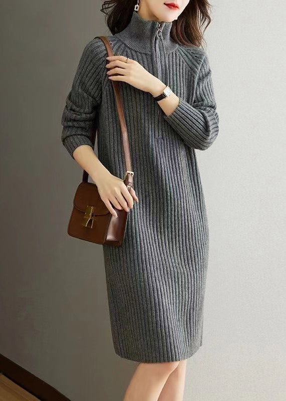 Grey Patchwork Loose Woolen Knit Dresses Turtleneck Long Sleeve