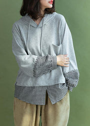 Grey Patchwork Plaid Hooded Fall Loose Loose Sweatshirt - bagstylebliss