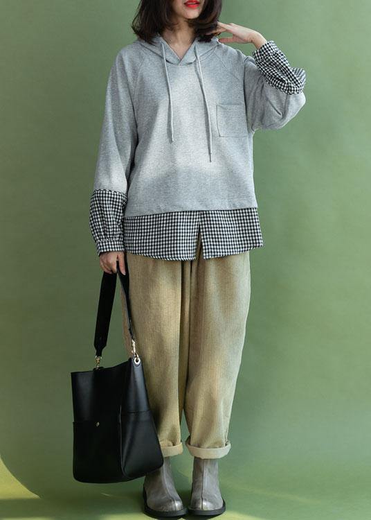 Grey Patchwork Plaid Hooded Fall Loose Loose Sweatshirt - bagstylebliss