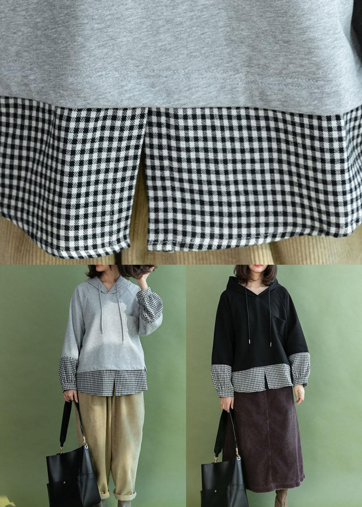 Grey Patchwork Plaid Hooded Fall Loose Loose Sweatshirt - bagstylebliss