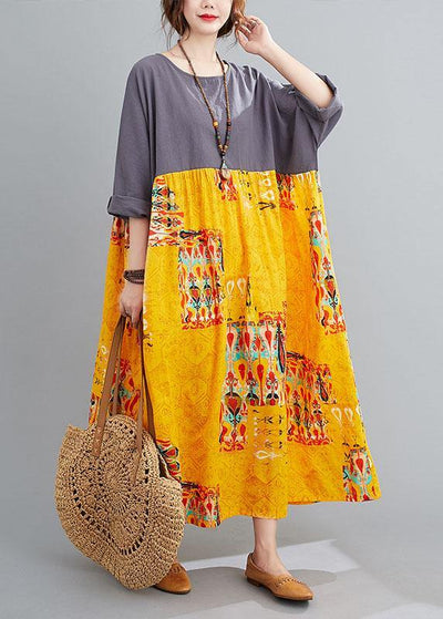 Grey Patchwork Yellow Print O-Neck Pockets Summer Party Dresses - bagstylebliss